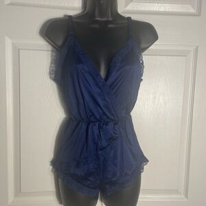 Vintage Bari Teddy Women S Blue Lace Trim Peplum 70s Bodysuit Lingerie US Made